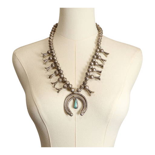 Native American Quality Spiderweb Turquoise Sterling Silver Squash Blossom Necklace- 200 Grams! Native American Quality Spiderweb Turquoise Sterling Silver Squash Blossom Necklace- 200 Grams!