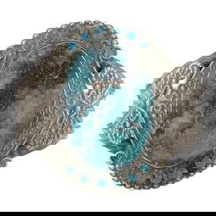 Fed Harvey Vintage Coin Silver Turquoise Cuff Bracelet: Coin Silver | Genuine Turquoise | Fed Harvey Vintage Coin Silver Turquoise Cuff Bracelet | Navajo Native American Southwest Indian Jewelry | Good (no breaks or damages) | Approximate Weight: 62 Grams