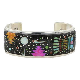 Mathew Jack Navajo Turquoise Coral Acoma Jet & Synthetic Opal Micro Inlay Detailed Cuff Bracelet (1 of 3)