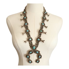 Vintage Navajo Nevada Turquoise Squash Blossom Necklace