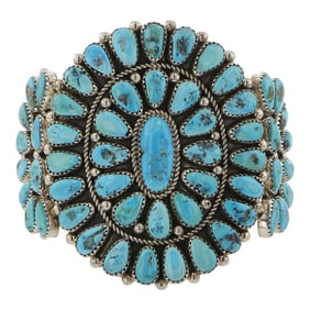 Eunice J. Wilson Navajo Kingman Turquoise Cluster Large Cuff Bracelet
