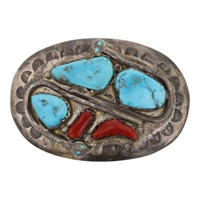 Effie Calavaza Vintage Turquoise & Coral Zuni Snake Belt Buckle