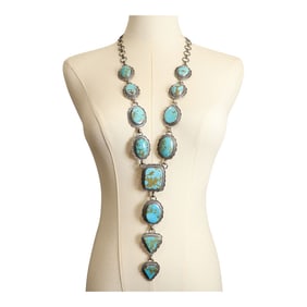 Navajo Compitos Turquoise Large Stamp-Work Lariat Necklace