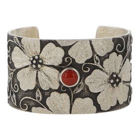 Darryl Dean and Rebecca Begay Navajo Mediterranean Coral Flower Tufa Cast Cuff Bracelet (1 of 4)
