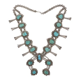 Vintage Navajo Kingman Turquoise Squash Blossom Necklace
