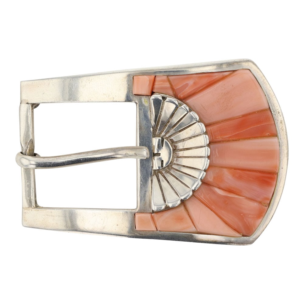 Na Na Ping World Renowned Hopi Arist Pink Coral Belt Buckle: Sterling Silver | Genuine Pink Coral | Na Na Ping World Renowned Hopi Arist Pink Coral Belt Buckle | Hopi Native American Southwest Indian Jewelry | Good (no breaks or damages) | Approximate Weight: 5