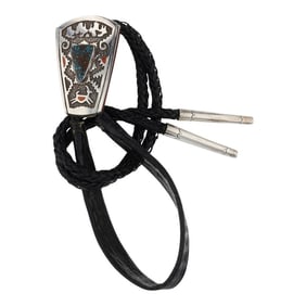 Michael Perry Navajo Master Artist Pilot Mountain Turquoise & Mediterranean Coral Bolo Tie
