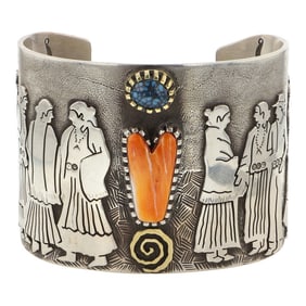 Arland Ben Award Winning Artist 18K Gold & Sterling Silver Spiderweb Turquoise & Spiny Cuff Bracelet