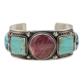 Turquoise Coral & Spiny Oyster Stamp-Work Cuff Bracelet