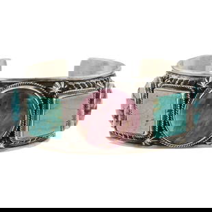 Turquoise Coral & Spiny Oyster Stamp-Work Cuff Bracelet: Sterling Silver | | Turquoise Coral & Spiny Oyster Stamp-Work Cuff Bracelet | Navajo Native American Southwest Indian Jewelry | Good (no breaks or damages) | Approximate Weight: 103 Grams |