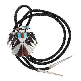 Zuni Turquoise Coral Mother of Pearl & Jet Inlay Thunderbird Bolo Tie