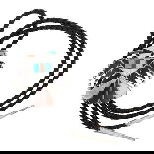 Zuni Turquoise Coral Mother of Pearl & Jet Inlay Thunderbird Bolo Tie: Sterling Silver | Genuine Turquoise, Coral, Mother of Pearl & Jet | Zuni Turquoise Coral Mother of Pearl & Jet Inlay Thunderbird Bolo Tie | Zuni Native American Southwest Indian Jewelry | Good (no