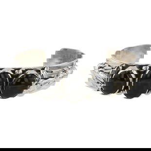 Toledo Navajo Black Onyx Three Stone Cuff Bracelet: Sterling Silver | Black Onyx | Toledo Navajo Black Onyx Three Stone Cuff Bracelet | Navajo Native American Southwest Indian Jewelry | Good (no breaks or damages) | Approximate Weight: 48 Grams |