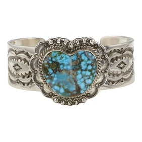 John Nelson Navajo Turquoise Mountain Turquoise Heart Cuff Bracelet