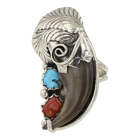 Navajo Turquoise & Coral Bear Claw Ring