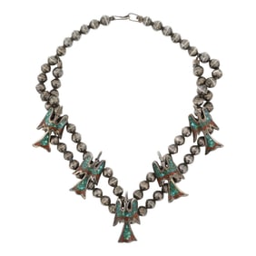 Vintage Navajo Turquoise & Coral Chip Inlay Peyote Bird Chocker Necklace