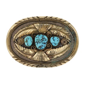 Ken Martinez Vintage Navajo Sleeping Beauty Turquoise Sterling Silver & 12K Gold Filled Blet Buckle