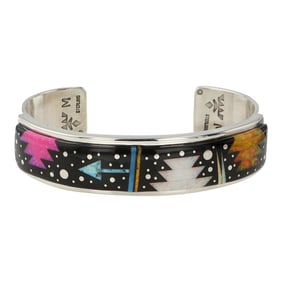 Mathew Jack Navajo Turquoise Acoma Jet & Synthetic Opal Micro Inlay Cuff Bracelet