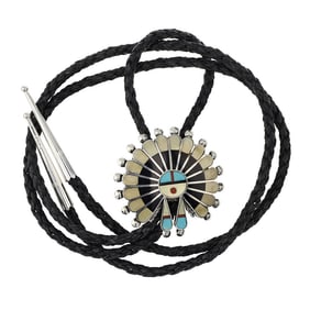 Victoria Ukestine Zuni Turquoise Coral & Shell Inlay Bolo Tie