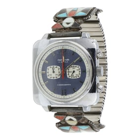 Vintage Zuni Turquoise Coral & Shell Inlay Thunderbird Watch Bracelet