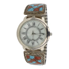 Vintage Navajo Turquoise & Coral Chip Inlay Watch Bracelet
