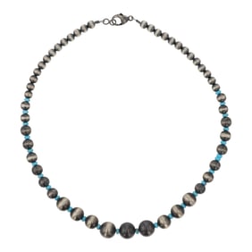 Navajo Kingman Turquoise & Oxidized Beads Mixed Sized Graduated Necklace