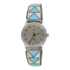Vintage Zuni Turquoise & Mother of Pearl Inlay Watch Bracelet