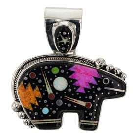 Mathew Jack Navajo Turquoise Coral Acoma Jet & Synthetic Opal Micro Inlay Bear Pendant