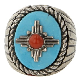 Navajo Turquoise & Coral Zia Symbol Ring