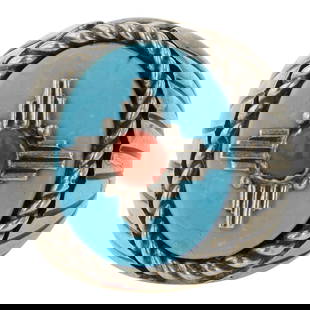 Navajo Turquoise & Coral Zia Symbol Ring: Sterling Silver | Genuine Turquoise & Coral | Navajo Turquoise & Coral Zia Symbol Ring | Navajo Native American Southwest Indian Jewelry | Good (no breaks or damages) | Approximate Weight: 15