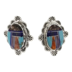 Sandoval Navajo Turquoise Spiny Oyster Lapis & Wildhorse Inlay Earrings