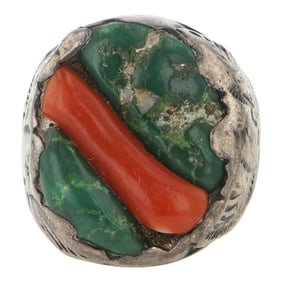 Vintage Navajo Turquoise & Coral Men's Ring