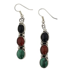 Navajo Black Onyx Malachite & Agate Three Stone Earrings