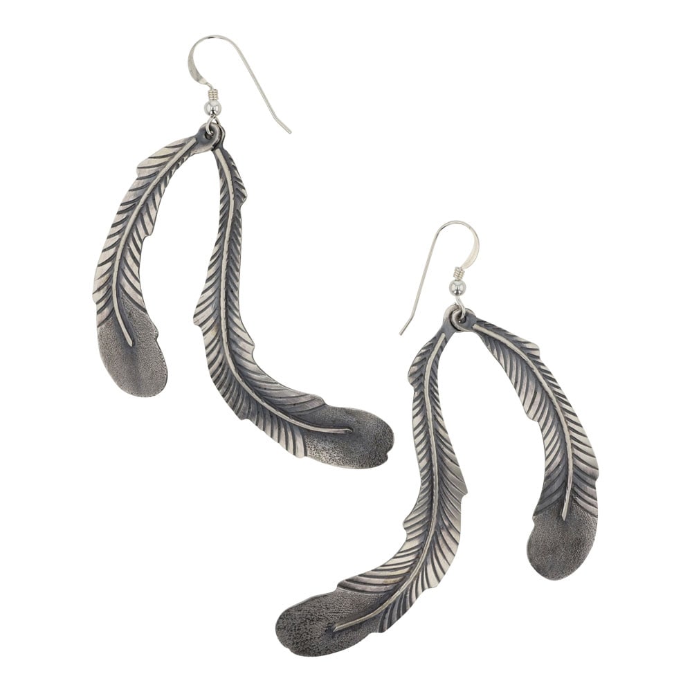 Tim Yazzie Navajo Plain Silver Stamp-Work Feather Earrings (1 of 2)