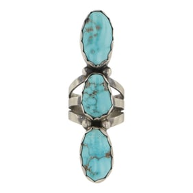 Randy Billy Navajo Lone Mountain Turquoise Long Three Stone Ring