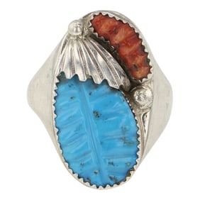 Zuni Turquoise & Coral Carved Men's Ring