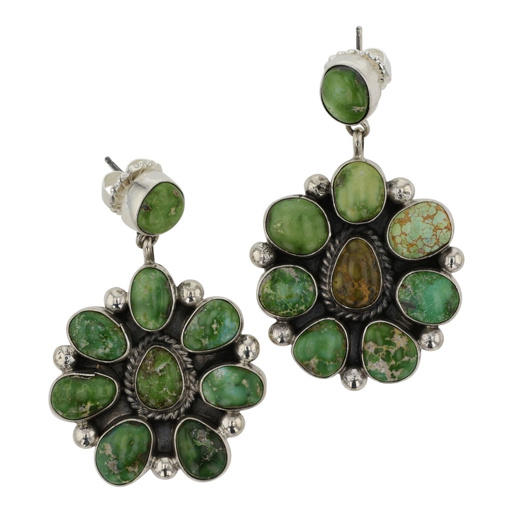 Navajo Sonoran Gold Turquoise Cluster Earrings: Sterling Silver | Genuine Sonoran Gold Turquoise | Navajo Sonoran Gold Turquoise Cluster Earrings | Navajo Native American Southwest Indian Jewelry | Good (no breaks or damages) | Approximate Weight: