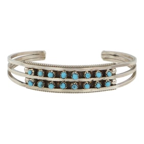 Zuni Kingman Turquoise Petit Point Two Row Cuff Bracelet