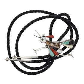 Zuni Turquoise Coral Acoma Jet, Mother of Pearl & Shell Inlay Roadrunner Bolo Tie