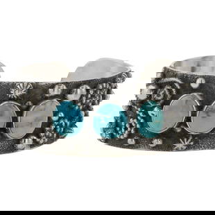 Randy Billy Navajo Lone Mountain Turquoise Three Stone Cuff Bracelet: Sterling Silver | Genuine Lone Mountain Turquoise | Randy Billy Navajo Lone Mountain Turquoise Three Stone Cuff Bracelet | Navajo Native American Southwest Indian Jewelry | Good (no breaks or