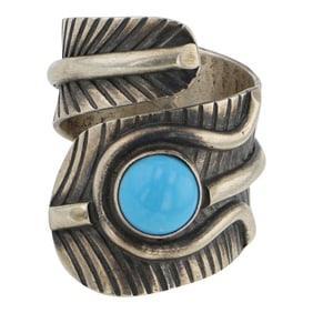 Paul Livingston Navajo Sleeping Beauty Turquoise Feather Adjustable Ring