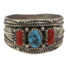 Vintage Navajo Turquoise & Coral Ring