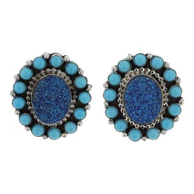 Betty Tom Navajo Sleeping Beauty Turquoise & Druzy Quartz Earrings