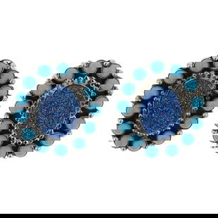 Betty Tom Navajo Sleeping Beauty Turquoise & Druzy Quartz Earrings: Sterling Silver | Genuine Sleeping Beauty Turquoise & Druzy Quartz | Betty Tom Navajo Sleeping Beauty Turquoise & Druzy Quartz Earrings | Navajo Native American Southwest Indian Jewelry | Good (no