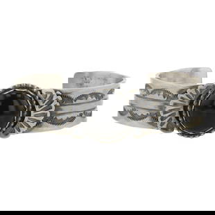 Mark Yazzie Navajo Black Onyx Stamp-Work Cuff Bracelet: Sterling Silver | Genuine Black Onyx | Mark Yazzie Navajo Black Onyx Stamp-Work Cuff Bracelet | Navajo Native American Southwest Indian Jewelry | Good (no breaks or damages) | Approximate Weight: