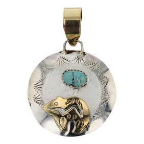 Navajo Sterling Silver & Gold Filled Nevada Turquoise Bear Pendant