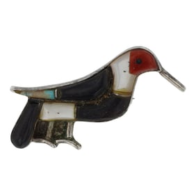 Vintage Zuni Turquoise Coral Jet & Shell Inlay Bird Pin