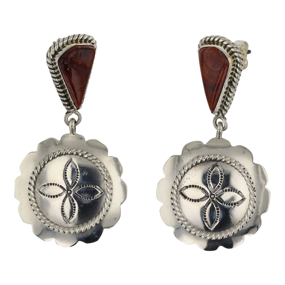 Carol Wylie Navajo Spiny Oyster Earrings: Sterling Silver | Genine Spiny Oyster | Carol Wylie Navajo Spiny Oyster Earrings | Navajo Native American Southwest Indian Jewelry | Good (no breaks or damages) | Approximate Weight: 11 Grams | Earrin
