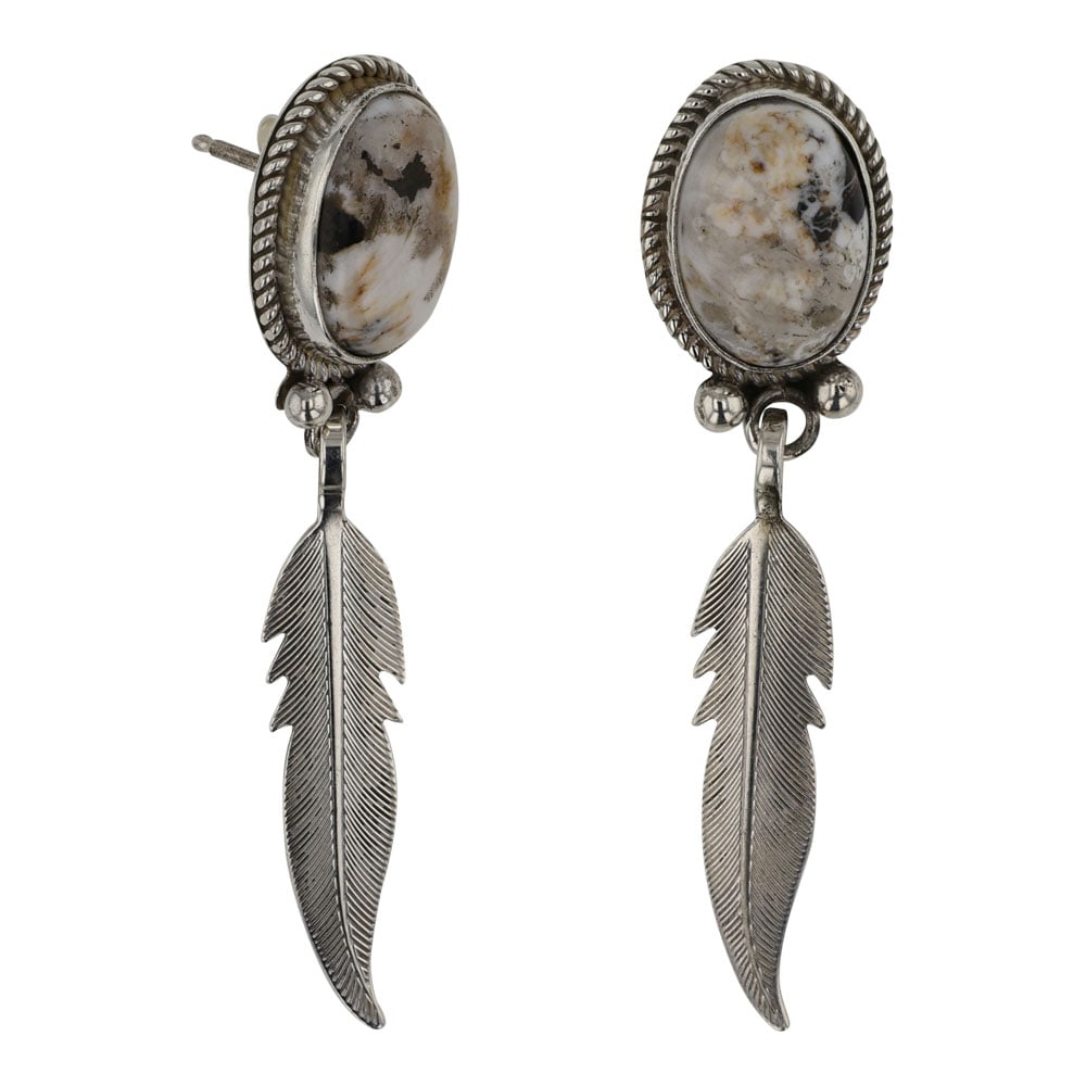 Navajo White Buffalo Earrings: Sterling Silver | Genuine White Buffalo | Navajo White Buffalo Earrings | Navajo Native American Southwest Indian Jewelry | Good (no breaks or damages) | Approximate Weight: 7 Grams | Earrings: .5" x 