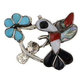Zuni Turquoise Coral Mother of Pearl Jet Black & Shell Inlay Hummingbird Pin & Pendant